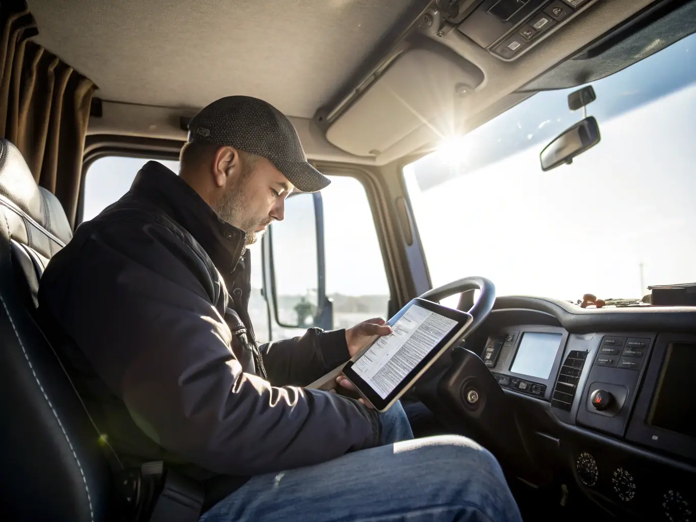 A modern semi-truck cab equipped with an Electronic Logging Device (ELD) and a driver using a tablet for navigation and communication, showcasing the integration of technology in daily operations.