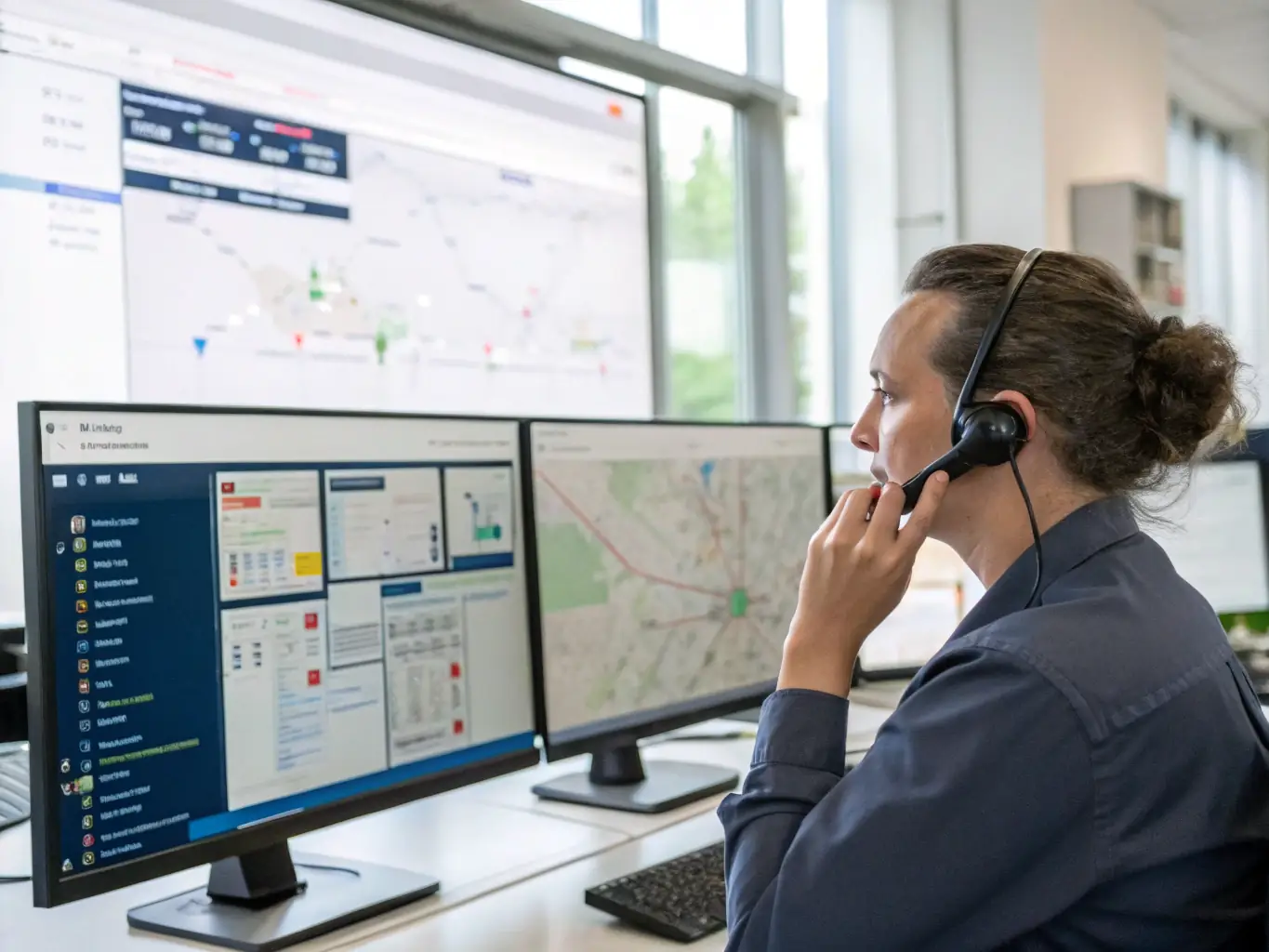 A digital illustration depicting a dispatcher providing support to a driver on the road, emphasizing the 24/7 support system at 72Freight. The illustration should convey a sense of reliability and assistance.