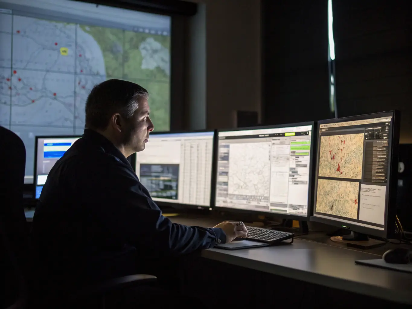 A dispatcher at a modern dispatch center, using multiple computer screens to monitor truck locations, weather patterns, and freight availability in real-time.