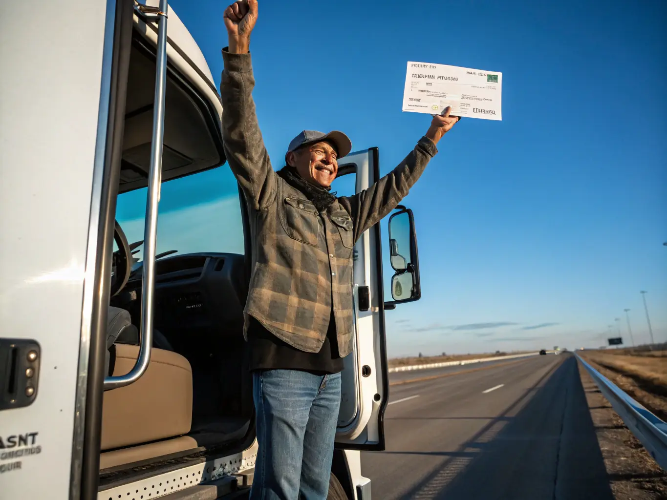 A professional photograph of a truck driver smiling and holding a settlement check, showcasing the financial benefits of partnering with 72Freight. The driver is standing next to their well-maintained truck.