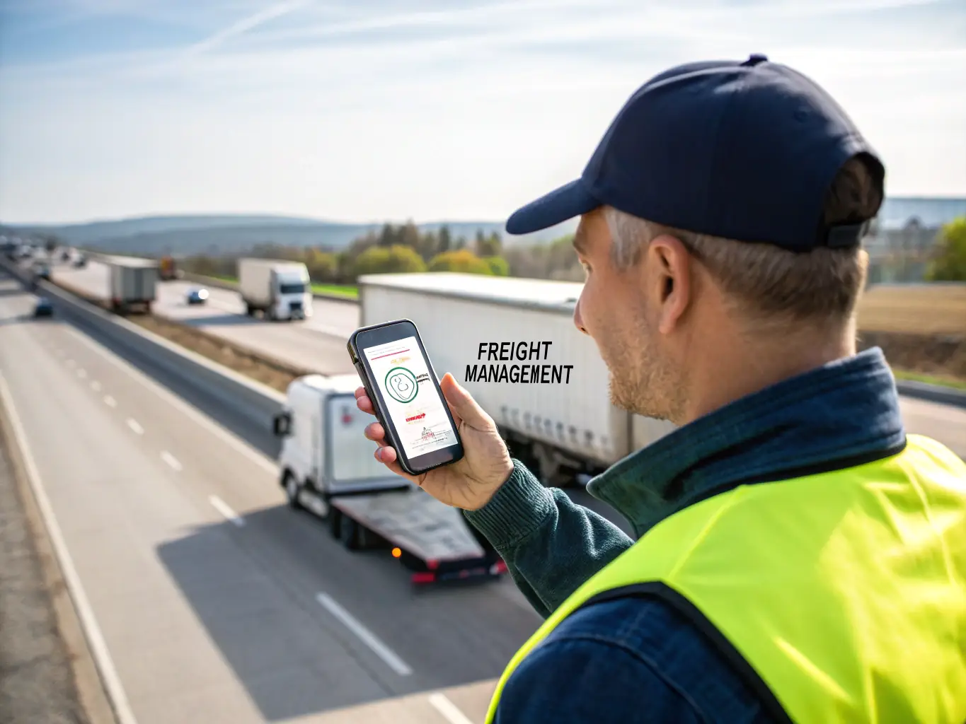 A driver using a mobile app on their smartphone to access load information, communicate with dispatch, and manage paperwork digitally.