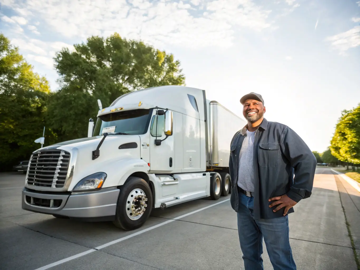 A driver smiling and confidently standing next to his modern, well-maintained truck at a sunny truck stop, symbolizing the independence and support offered by 72Freight.